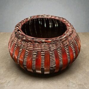 Vintage Japanese Bamboo ikebana Woven Wicker Rattan Basket Red Lacquer